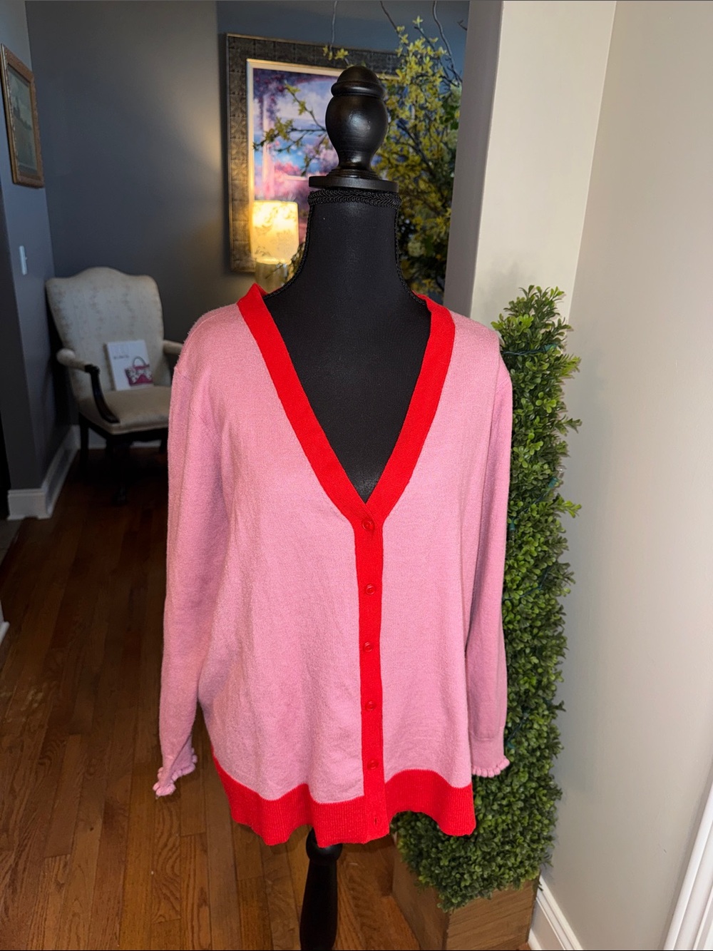 Candace Cameron Bure Pink Cardigan with Red Trim EUC